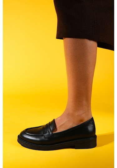 Pline Siyah Cilt Hakiki Deri Kadın Loafer Ayakkabı Siyah