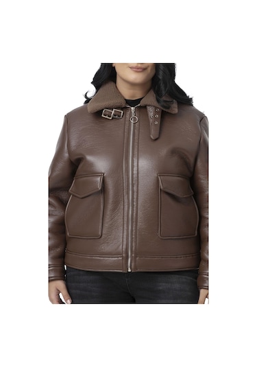 Büyük Beden İçi Kürklü Fermuarlı Yakası Toka Detaylı Kahverengi Deri Mont Kahverengi