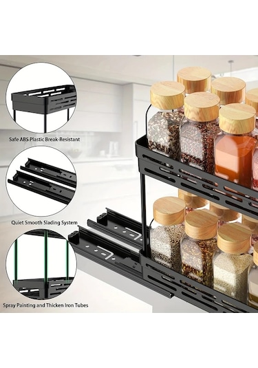 Honeybeeshop Siyah 2 Katlı Çekmeceli Baharatlık Rafı - Dayanıklı Kayar Kavanozlu Mutfak Düzenleyici Siyah