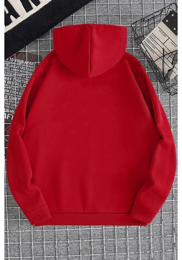Cartoon Graphic Thermal Lined Drawstring Sweatshirt Kırmızı