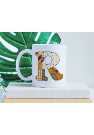 R Harfi Sonbahar Kış Temalı Yamalı Tasarım Kupa Bardak - Etnik Ve Pathwork Severlere Özel Hediye Beyaz