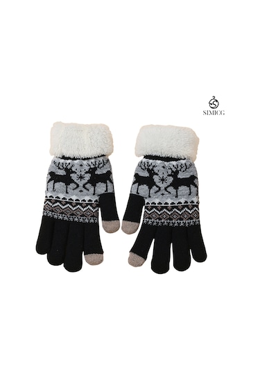 Kadınlar İçin Dokunmatik Ekranlı Kadife Sıcak Sevimli Çizgi Film Geyik Yün Eldiven Siyah