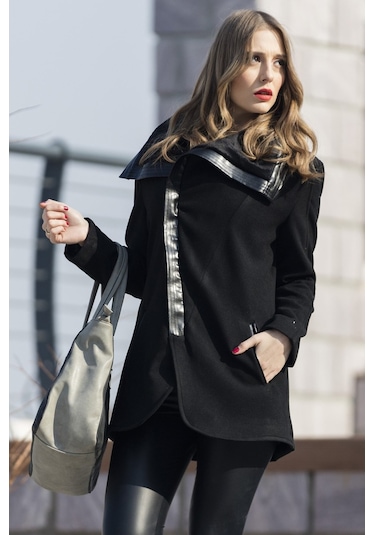 Günlük Kışlık Kaşmir Yaka Kadın Kaban Siyah