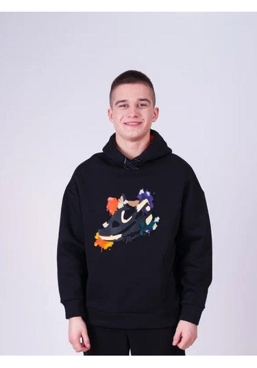 Erkek Çocuk Spor Ayakkabı Baskılı Kapüşonlu Sweatshirt-13543 Siyah