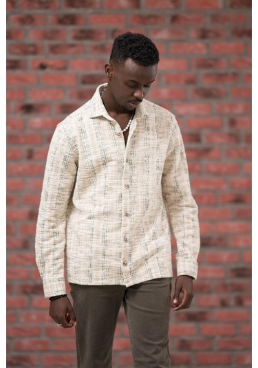 Brenzo Yarı Oversize Hafif Bol Kalın Çizgili Oduncu Gömlek Kahverengi