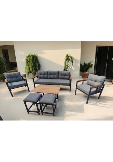 Pielize Bahçe Ve Balkon Mobilyası Gri 3+1+1, Sehpa Ve 2 Puflu Gri