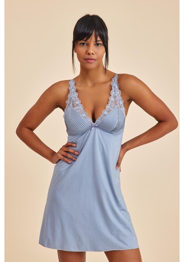 Paris Gri Mavi Dantelli Kumaş Gecelik Mavi