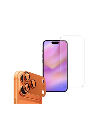 Adige İphone 17 Pro Max Kamera Lens Koruyucu Turuncu + Ekran Koruyucu Turuncu