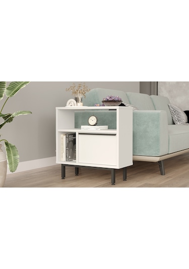 Robin Home Lidya Yan Sehpa Komodin Kapaklı Metal Ayaklı Beyaz