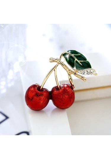 Sevimli Kiraz Taklidi Yaprak Emaye Canlı Canlı Kiraz Broş Renk Pin Şal Eşarp Yaka Rozeti Kırmızı - Yeşil