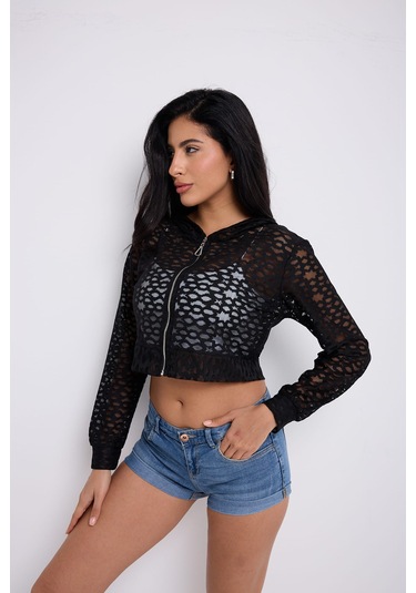 Kapuşonlu Dantel Bluz Siyah