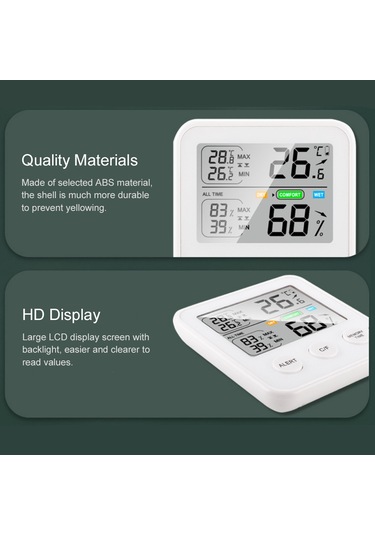 Springsun Yüksek Hassas Manyetik Termo-higrometre, Lcd Ekran, / Geçiş, 24s Max/min Kayıt, Konfor Hatırlatmalı, Beyaz