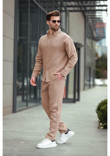 Madmext Vizon Gömlek Pantolon Erkek İkili Takım E7322 Vizon