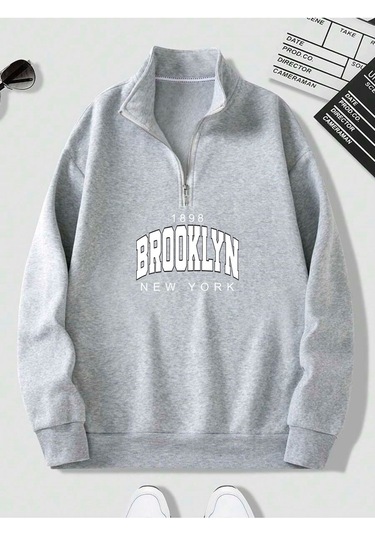 Harmandar Gri Brooklyn Baskılı Erkek Dik Yaka Yarım Fermuarlı Kazak Sweatshirt Gribrooklyndikyaka