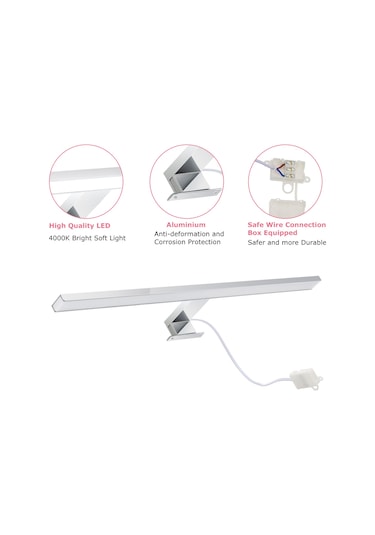 Yunboo Banyo Led Ayna Işığı 60cm 10w Paslanmaz Çelik 4000k Beyaz Işık Ip44 Dolap Duvar Aydınlatması Gümüş