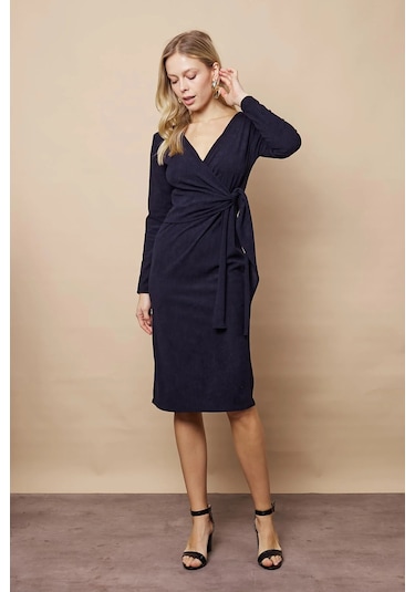 Kadın Kadife Kumaş Kruvaze Anvelop Bağcıklı Uzun Kol Diz Altı Elbise-lacivert Lacivert