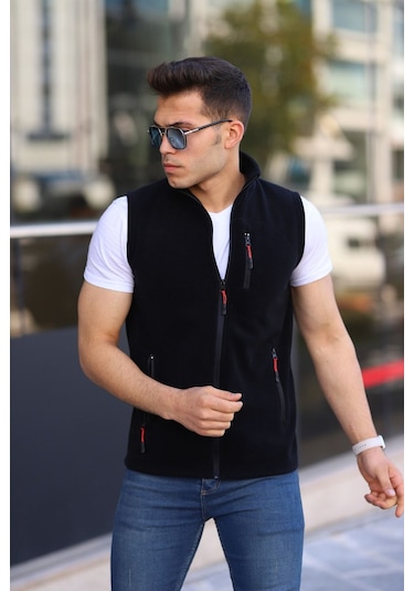 Kozik 3 Çepli Günlük Rahat Fermuarlı Erkek Kolsuz Polar Yelek Siyah