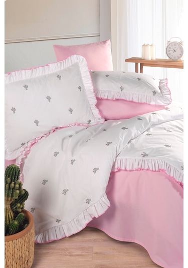Ranforce %100 Pamuk Nakışlı Fırfırlı Nevresim Seti Ellas Pembe