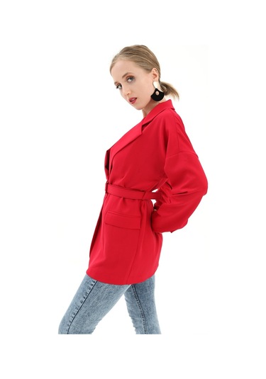 Düşük Omuz Kemerli Atlas Kumaş Blazer Ceket - Kırmızı-kırmızı Kırmızı