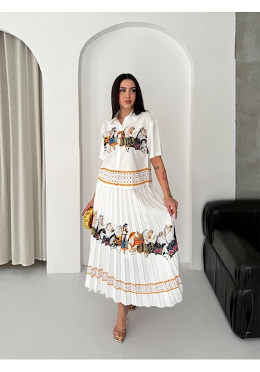 Asprinfashion Plise Etekli Baskılı Bayan Gömlek Etek Takım Beyaz