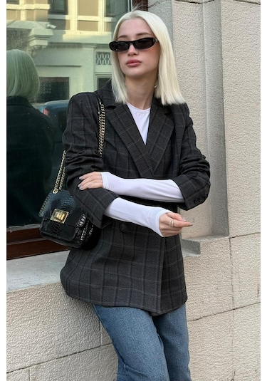 Antrasit Kareli Kadın Blazer Ceket Mg2624 Antrasit