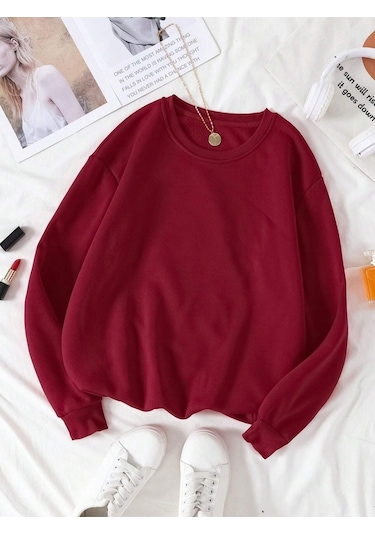 Kadın Bordo Düz Bisiklet Yaka Sweatshirt Bordo