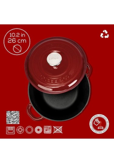 Lava Döküm Yuvarlak Tencere Döküm Demir Kapak New Heritage Serisi Çap Ø 26cm.-bordo Bordo