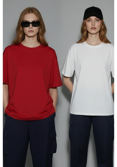 Soft&Basic Kadın 2'li %100 Organik Pamuk Oversize Fit Basic Yuvarlak Yaka T-shirt Bordo-beyaz