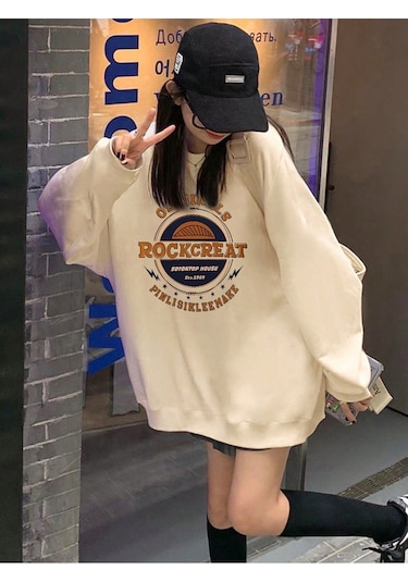 Harfli Grafik Düşük Omuz Oversize Sweat-trzksw3018 Kayısı