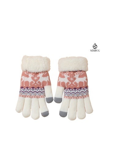 Kadınlar İçin Dokunmatik Ekranlı Kadife Sıcak Sevimli Çizgi Film Geyik Yün Eldiven Beyaz