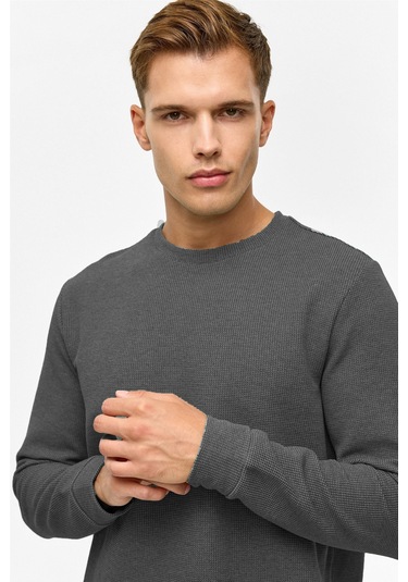 Süvari Bol Kesim O Yaka Melanj Desenli Waffle Sweatshirt Antrasit S08