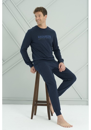 Erkek Interlok Penye Uzun Kol Pijama Takımı 2221 Lacivert Lacivert