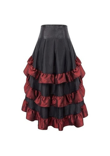 Kadın Etek Yüksek Bel Düzensiz Fırfır Patchwork Renk Eşleştirme Retro Dağınık Ortaçağ Kraliyet Tarzı Bayan Maxi Etek Performans Kostüm Siyah