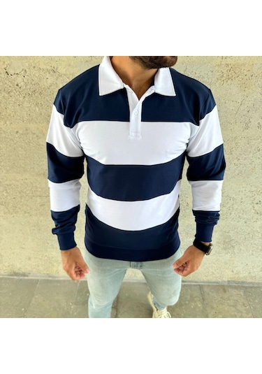 Erkek Polo Yaka Uzun Kollu Çizgili Sweatshirt Trend Rugby Stil - Lacivert Siyah