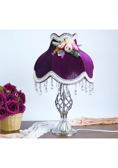 Mürdüm Kadife Kaplı Krom Kaplama Burgu Ayak Çiçek Dekorlu Abajur 50 x 30 cm Ab0066 Dekovien Diğer