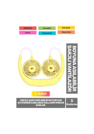 Premium Sessiz Sarı Eller Serbest Boyuna Asılabilir Şarjlı 3 Kademeli Vantilatör Klima Soğutucu Fan
