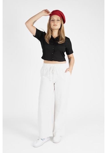 Giyim Dünyası Kadın Kısa Kol Crop Gömlek Siyah 001