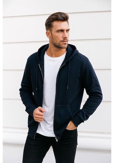 Rich Erkek Lacivert Kapüşonlu Kanguru Cepli Fermuarlı Sweatshirt Lacivert