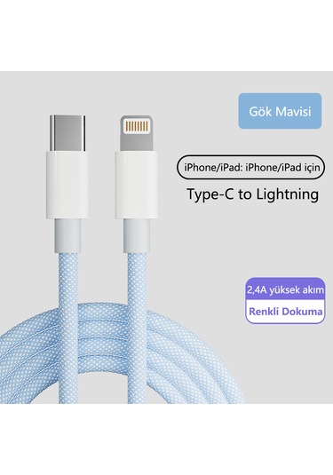 20w Type-c - Lightning Hızlı Şarj Kablosu Kalın Dokuma İphone 13/12/11/x Uyumlu Akıllı Çipli 1m Mavi 1m Tip-c - Apple