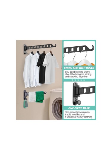 Gajeena Alüminyum Çekilebilir Duvar Tipi 8 Delikli Çamaşır Asıcı - 2 Adet Siyah Banyo, Balkon, Çamaşır Odası Uygun Siyah