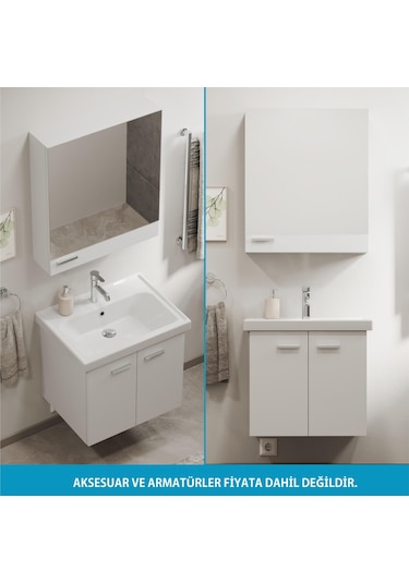 Aqua Bagno Basic Alt Dolap + Üst Dolap -lavabo Dahil-beyaz ,60 Cm. 3 Parça Beyaz