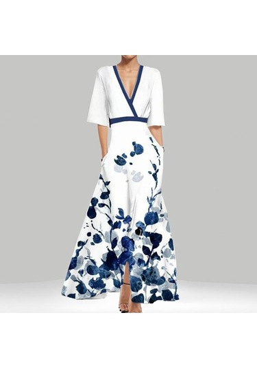 Kadın Modası Zarif Mizaç V Yaka Baskılı Daralan Pileli Büyük Etek Uzun Elbiseler Beyaz