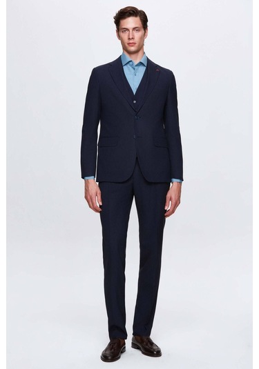 Ds Damat Slim Fit Lacivert Mono Yaka Tek Yırtmaçlı Astarlı Takim Elbise Yelekli 4HFY5ORT01599 Lacivert