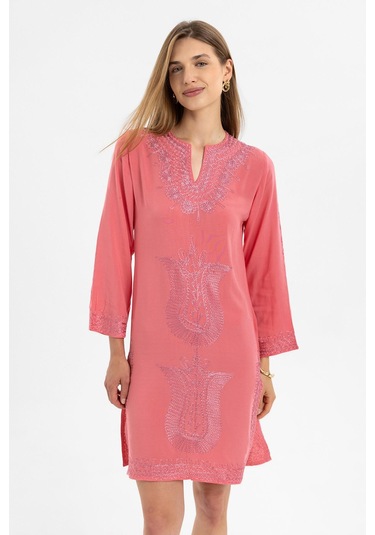 Pembe İşlemeli Uzun Kollu Astarsız Pamuklu Kısa Elbise-pembe