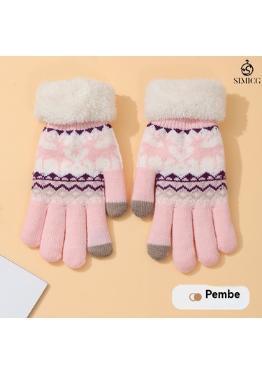 Kadınlar İçin Dokunmatik Ekranlı Kadife Sıcak Sevimli Çizgi Film Geyik Yün Eldiven Pembe