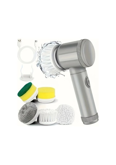 Fochsia Wireless Elektrikli Döner Temizleyici Grey Usb Şarjlı Değiştirilebilir Fırça Başlıkları 6 Farklı Fırça Banyo Mutfak Araba Cam