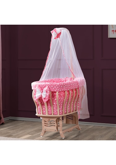 Setaymobilya Doğal Ağaç Beşik, Kristal Yıldızlı Sepet Beşik+Uyku Seti+Cibinlik