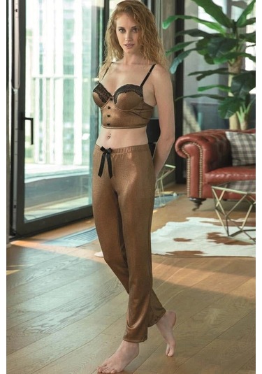 Balenli Destekli Dolgulu Parlak Baskılı Dantelli Büstiyer Ve Pantolon Pijama Takım 4176 Bakır