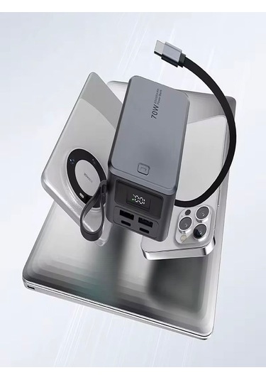 20000mah 70w Hızlı Şarj Powerbank Lcd Ekran 2x Usb + 2x Type-c Type-c Kablolu Çıkışlı Gri