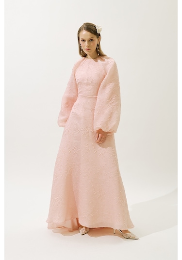 Jakar Organze Abiye Elbise Pudra Pudra